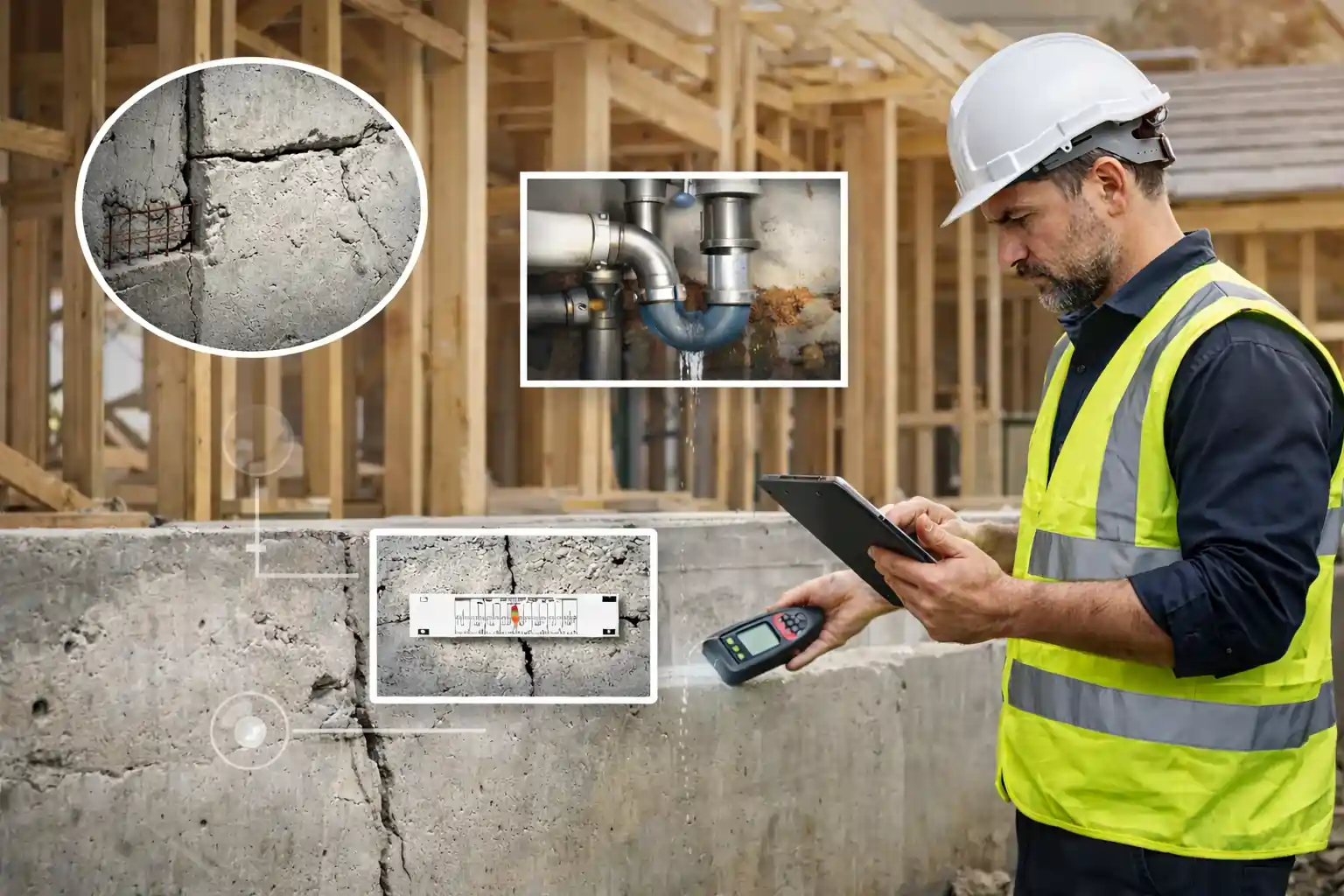 Construction inspector checks a cracked concrete foundation with a digital meter and tablet; callouts show exposed rebar and a plumbing leak during a construction stage defect assessment.