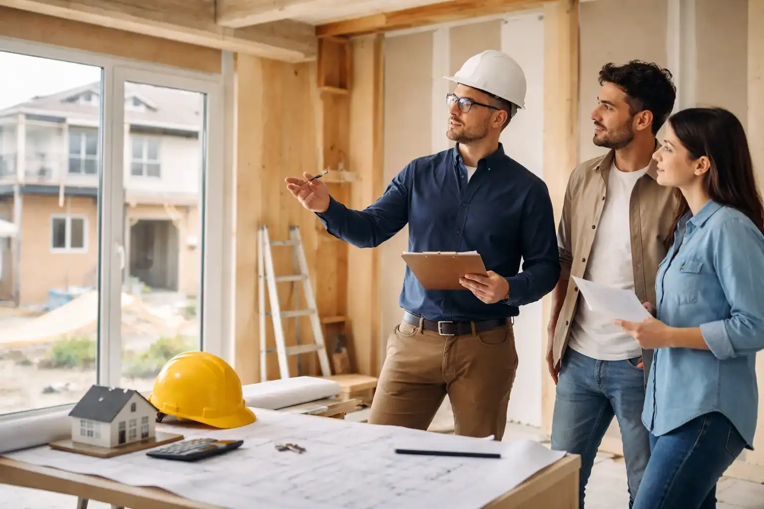 Independent building inspector with a hard hat explains issues during a pre settlement inspection at an unfinished home while buyers review documents.