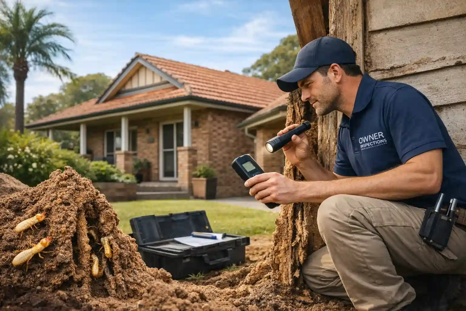 Termite Inspection to Protect Your Home from Damage Pest inspector in an Owner Inspections shirt checks termite mud tubes on a timber stump under an Australian home using a flashlight and moisture meter.