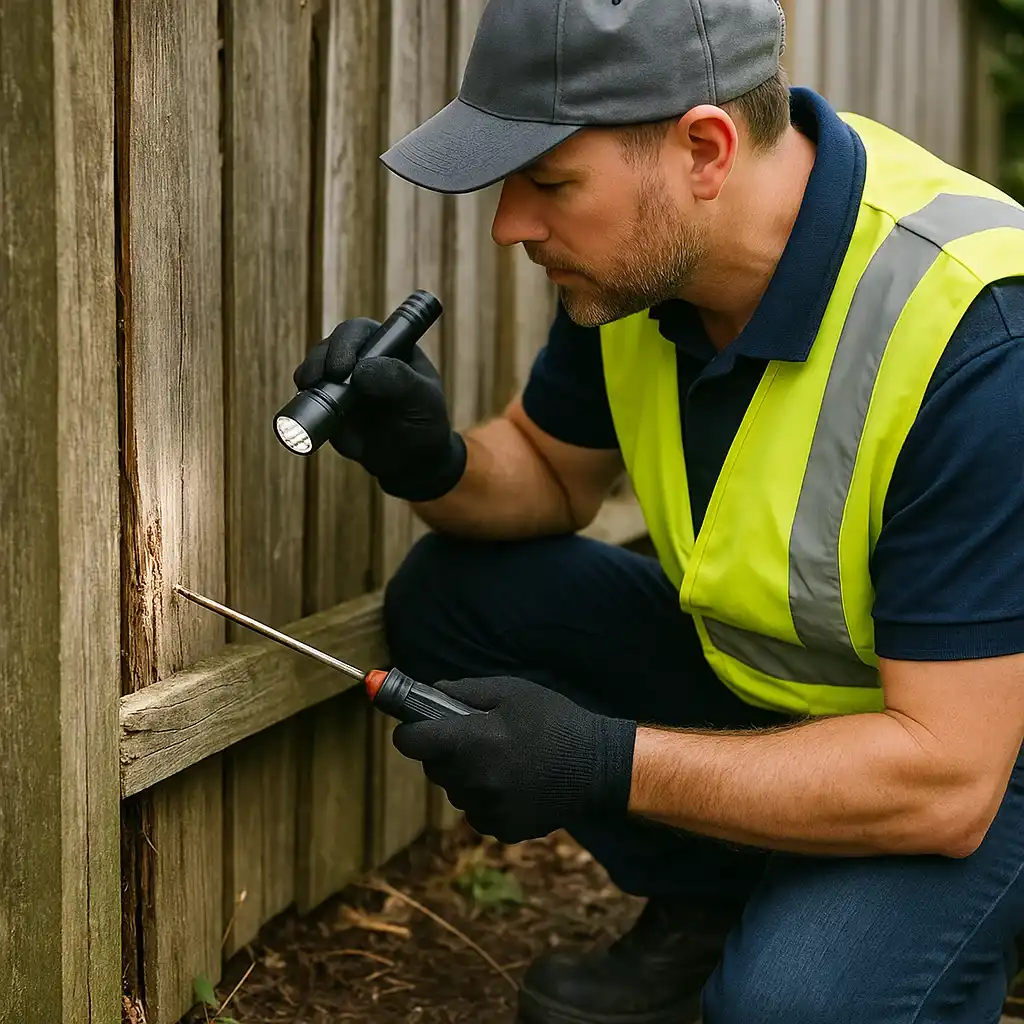 an inspector checking the timber condition