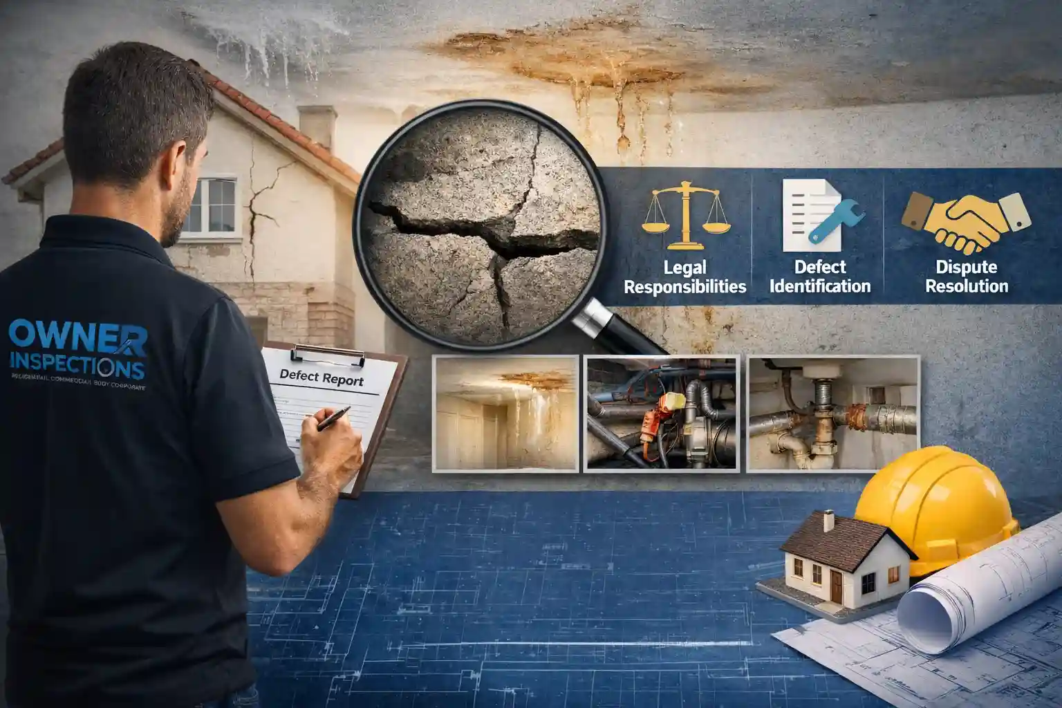 Building inspector in black Owner Inspections polo examining a house with visible ceiling damage, foundation cracks, and plumbing issues, surrounded by magnified visuals and legal responsibility icons.