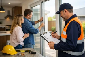 Independent inspector in a high visibility vest checks a clipboard while a couple tests a sliding glass door during a pre settlement inspection in a modern Australian home.