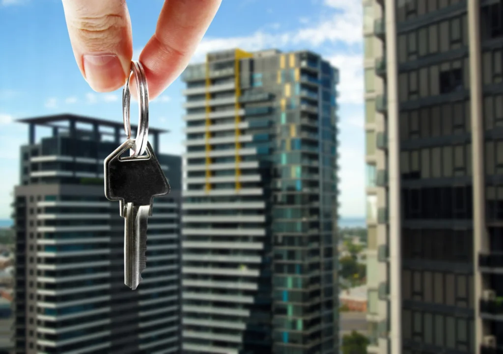 a high rise building with a key