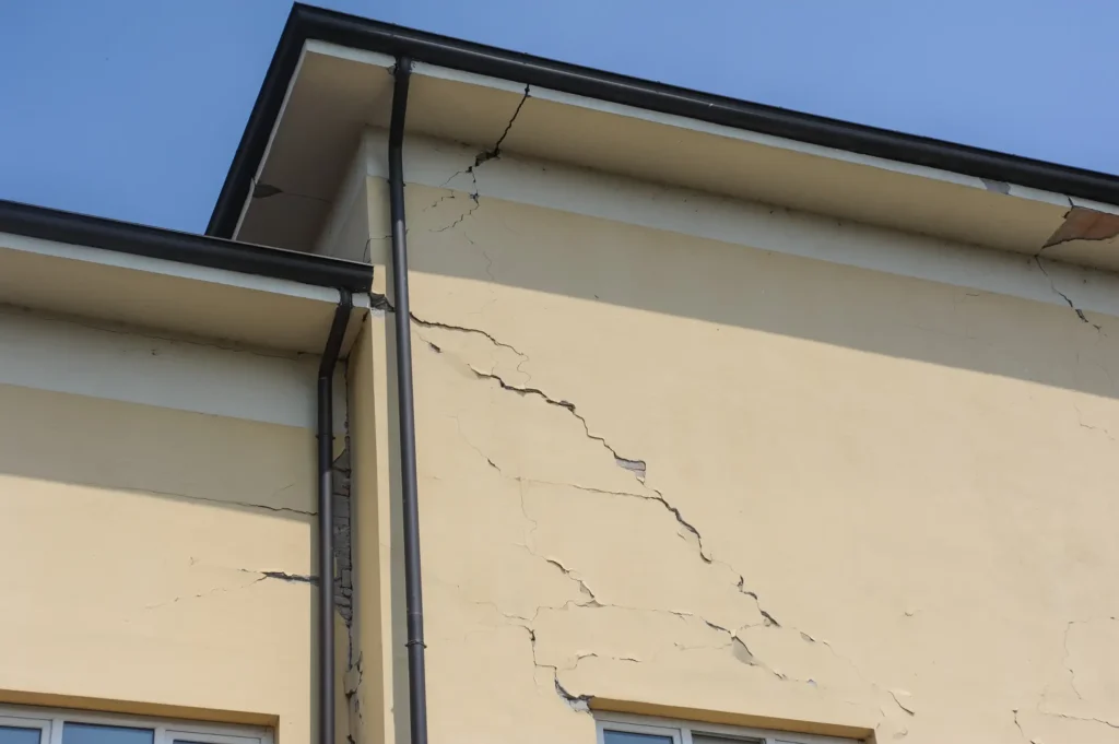 dilapidated exterior walls of buildings