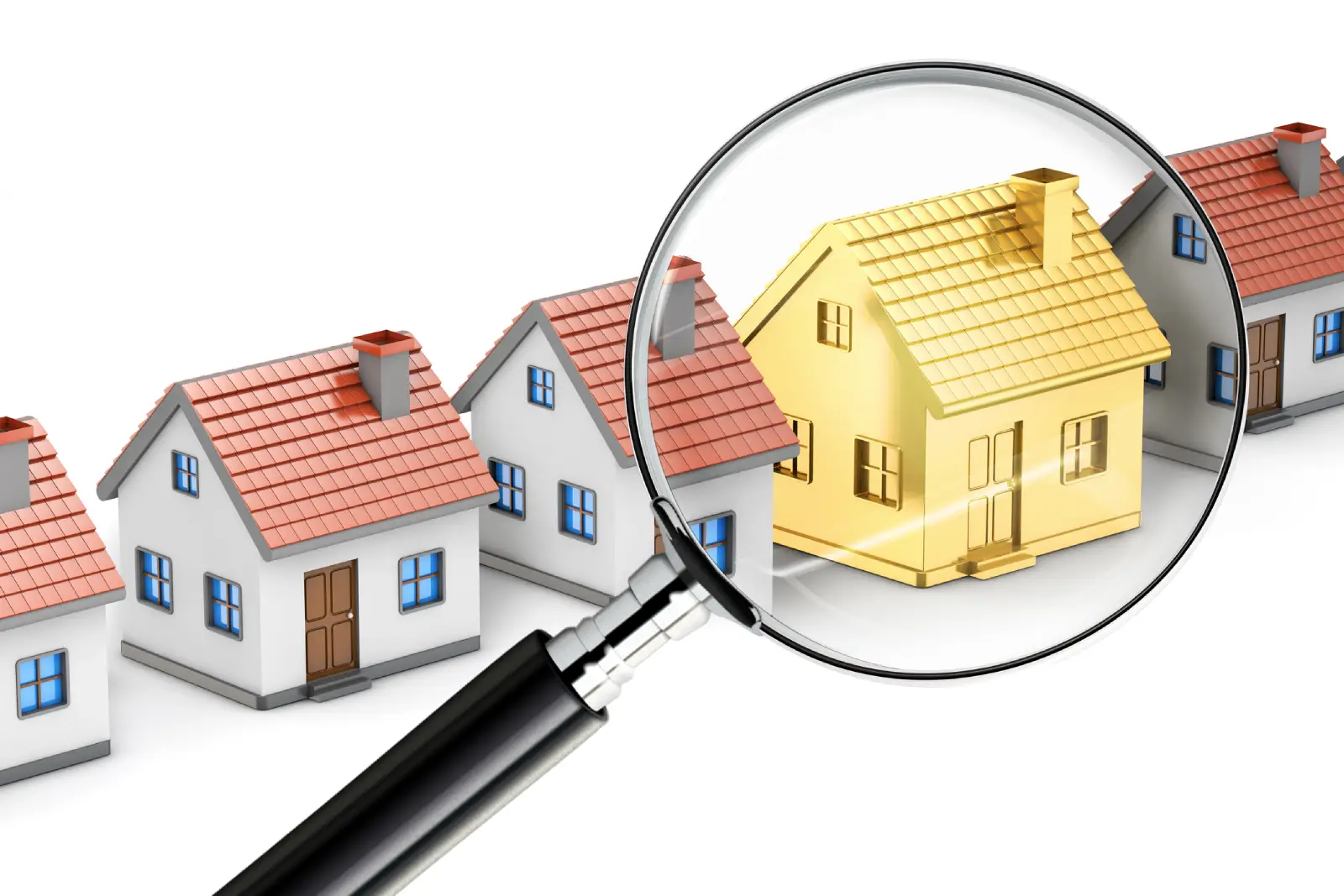 four miniature houses, one with color gold